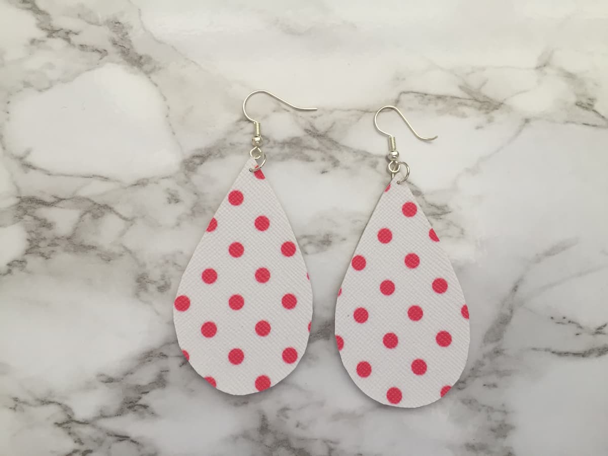 The selected image of Pink and White Polka Dot Faux Leather Earrings