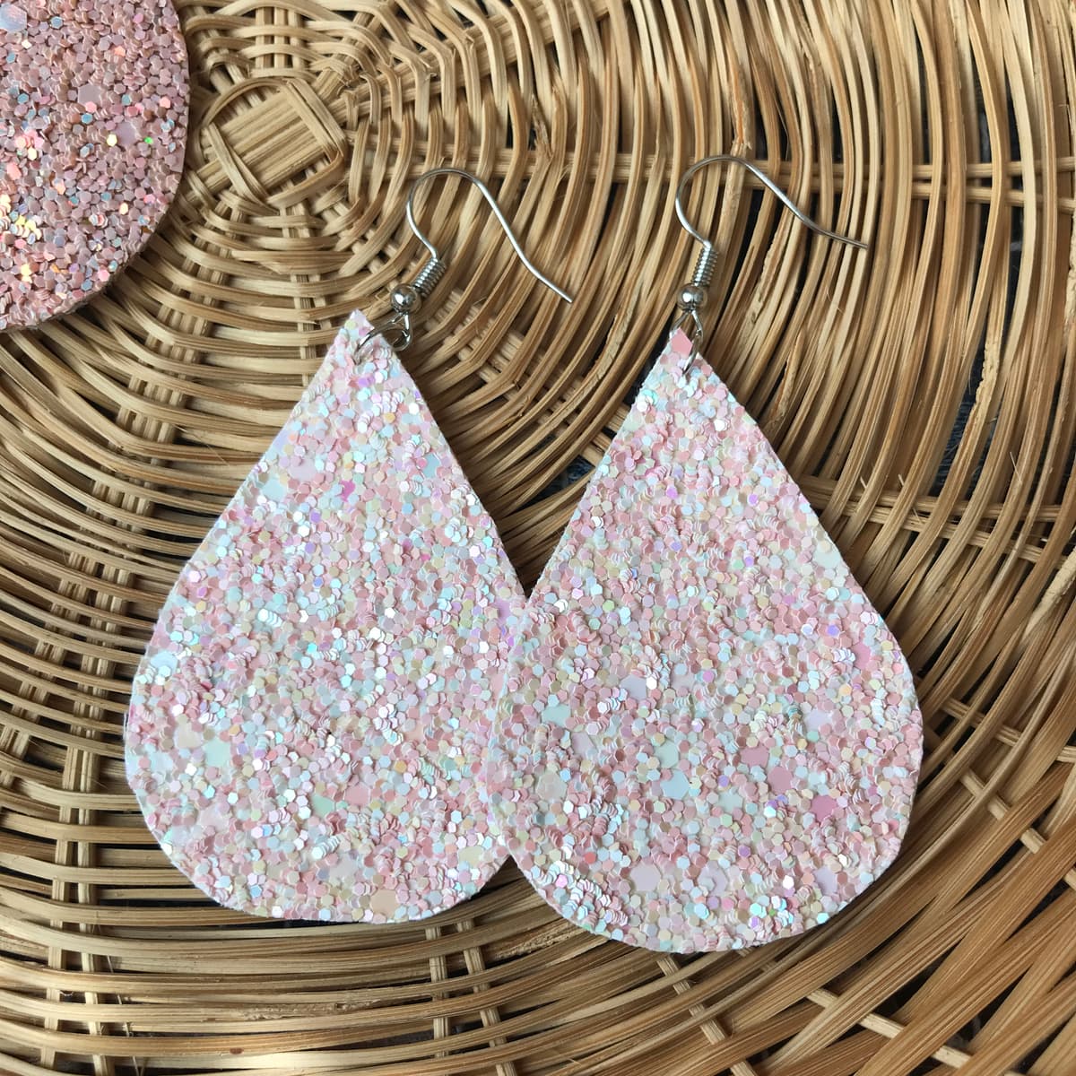 The selected image of White and Pink Sparkly Dangle Earrings