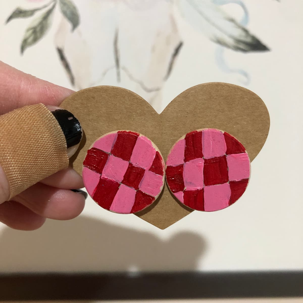 The selected image of Pink and Red Checkerboard Painted Wooden Stud Earrings