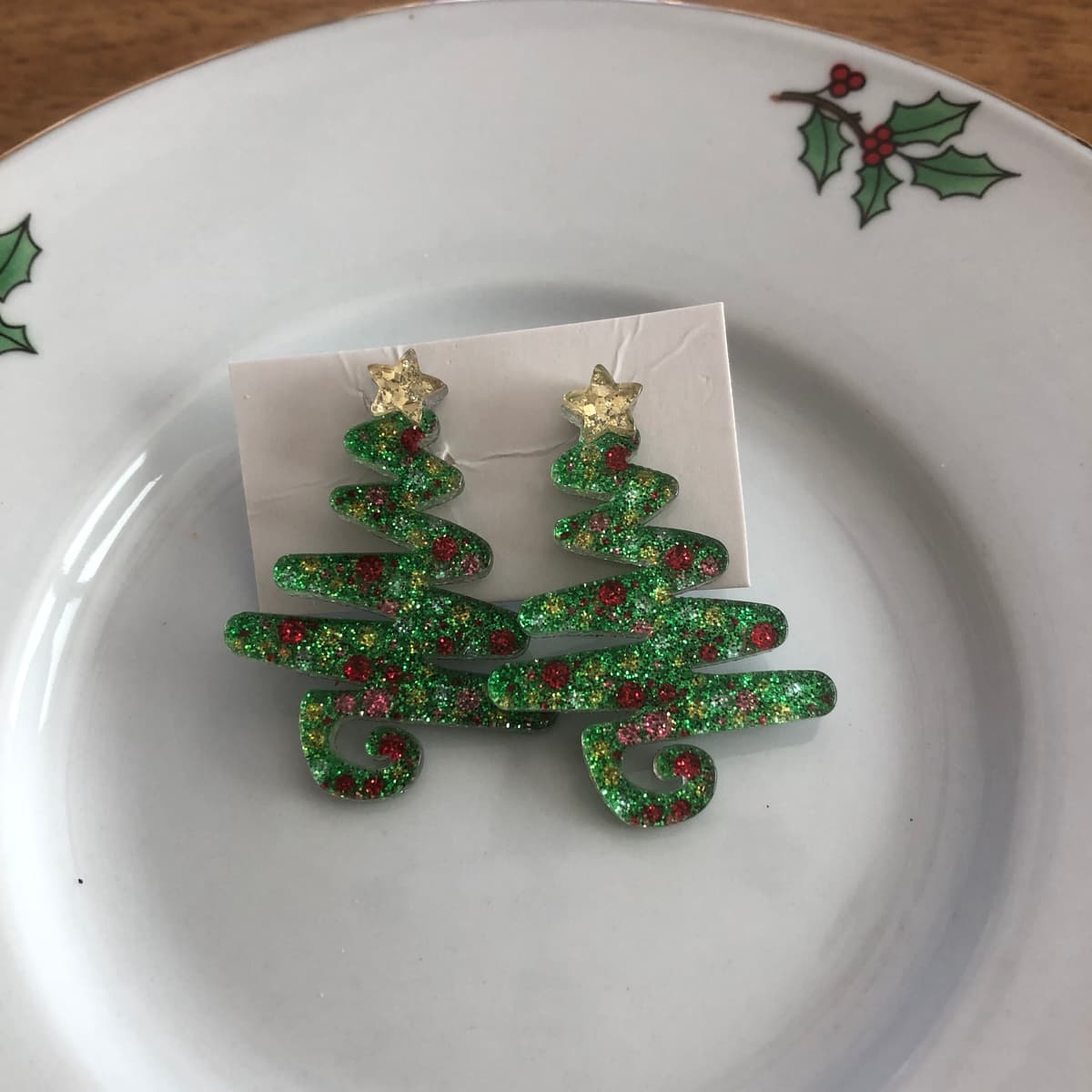 The selected image of Green Acrylic Sparkly Christmas Tree Earrings