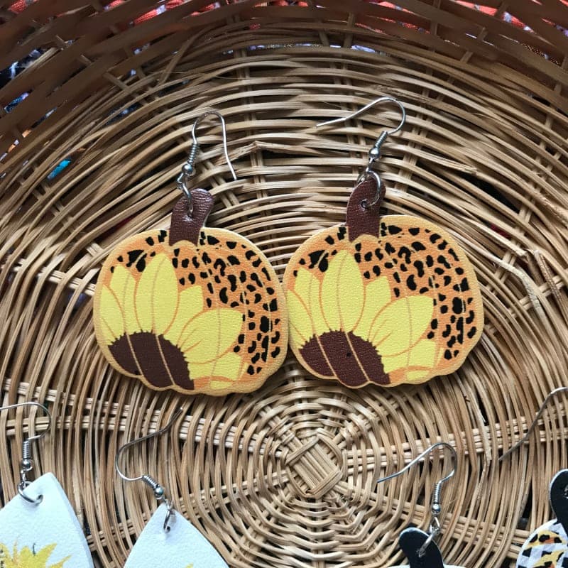 The selected image of Leopard and Sunflower Faux Leather Large Pumpkin Earrings