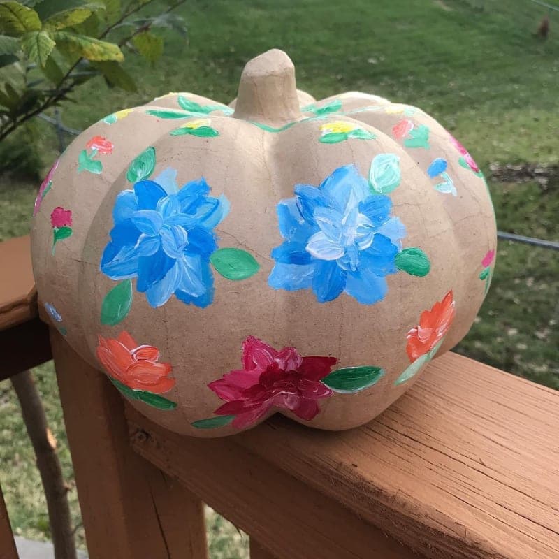 The selected image of Whimsical Floral Paper Mache Hand-painted Pumpkin