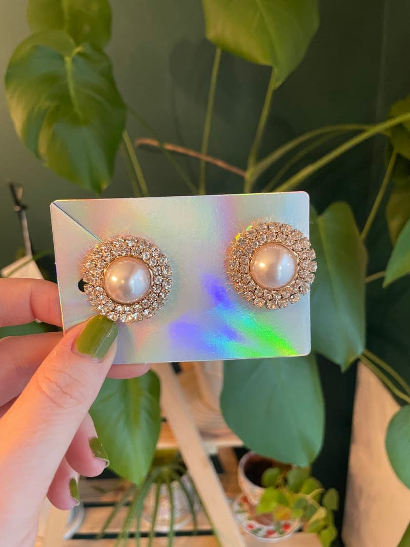 The selected image of Faux Gold, Faux Diamond, and Faux Pearl Large Stud Costume Jewelry Earrings