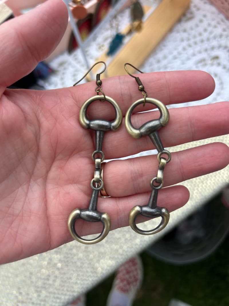 The selected image of Large Bronze Horse Bit Western Dangle Earrings