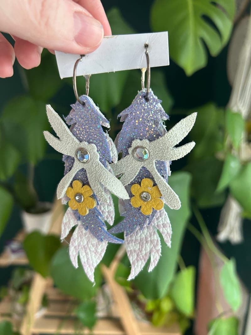The selected image of Multilayered Sparkly Large Dragonfly Leather Dangle Earrings
