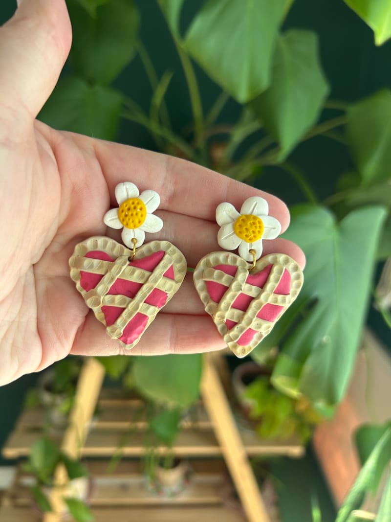 The selected image of Strawberry Heart Hand Pie Large Dangle Earrings, with Daisy Studs Attached