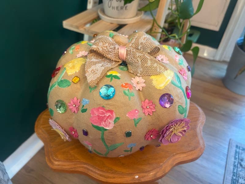The selected image of Boujee Everything Whimsical Floral Paper Mache Hand-painted and Decorated Pumpkin