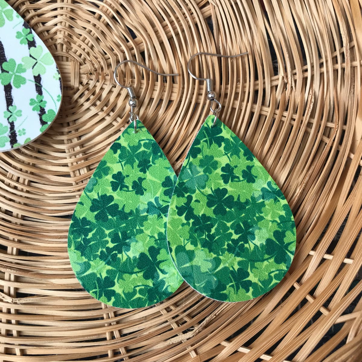 The selected image of St. Patrick's Day Green Clover Faux Leather Earrings