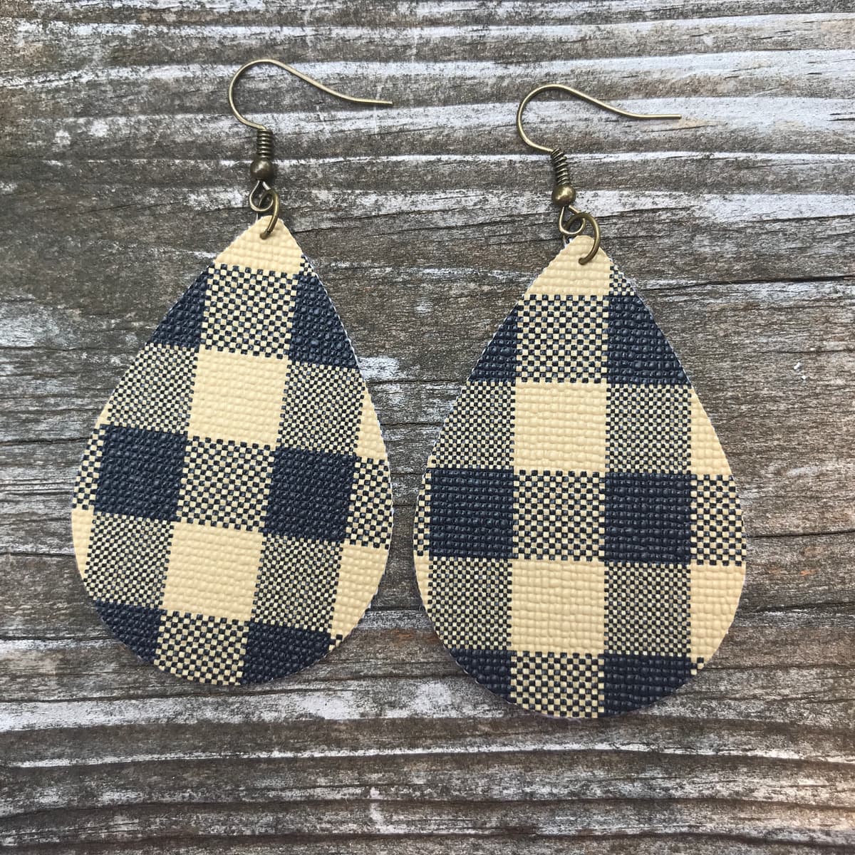 The selected image of Beige Mustard and Black Plaid Faux Leather Earrings