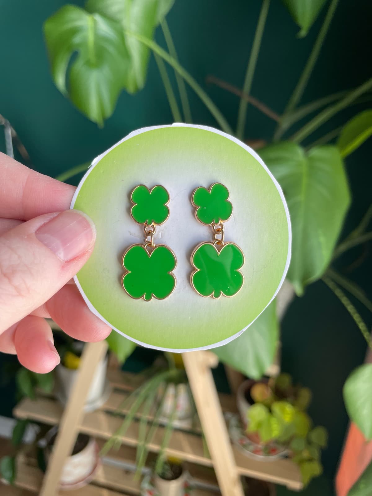 The selected image of Green and Gold Shamrock Dangle Earrings